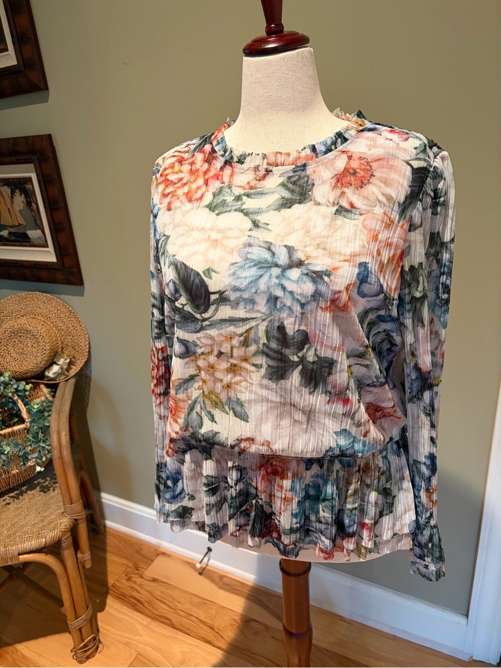 Chico's Multicolor Floral Pleated Long-Sleeve Blouse, Sz 3 (16/18;XL)
